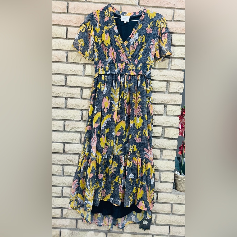 Böhme  Casey Dress Sz  M  Floral  Sheer Sleeves Ruffles Pull On